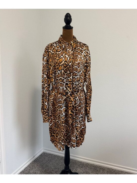Boston Proper Dresses & Skirts - Boston Proper Long Sleeve Button Front Satin Animal Print Shirt Dress Size M